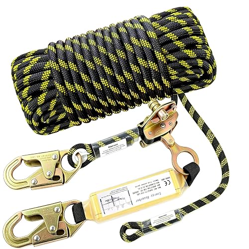 Meyoppm 100FT Rope Harness Safety Lanyard, Roofing Fall Protection Rope | Heavy Duty Safety Rope with Grab Snap Hooks and Shock Absorber, Vertical Lifeline Assembly for Roofing, Tree Climbing