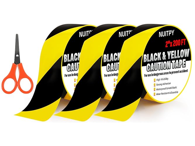 3 Roll Black & Yellow Caution Tape, 2in x 600 FT Total Length Safety Tape | Black & Yellow Floor Marking Tapes, High Adhesive Hazard Tapes for Floors, Walls, Staircase, Pipes, Equipment, Dangerous Area