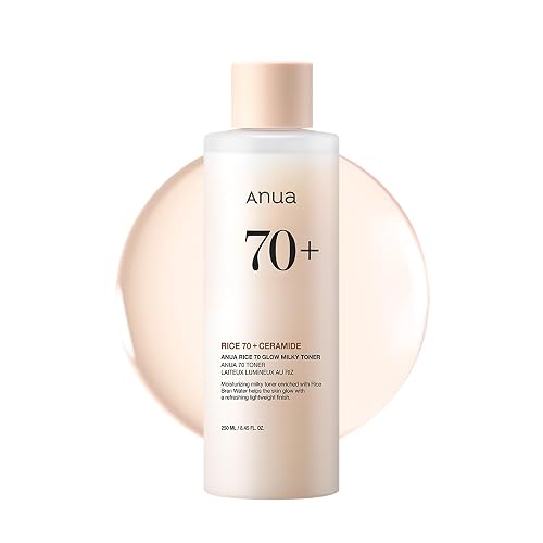 Anua Rice 70 Glow Milky Toner, Non Comedogenic, Korean Skincare, 8.45 fl.oz | Glass & Dewy Skin, Hydrating & Barrier Care, Rice Water, Niacinamide, Ceramides, All Skin Types, Fragrance-Free