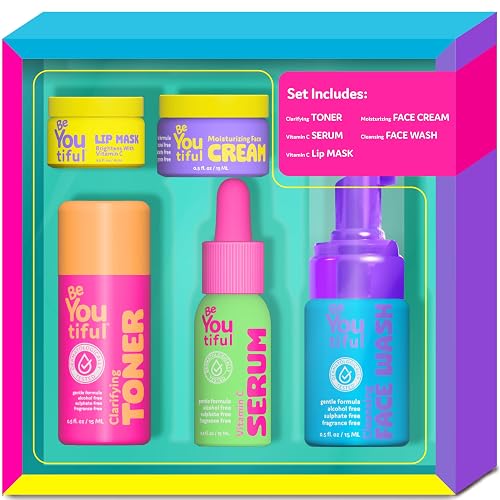 BeYoutiful Skin Care Gift Set for Teens, Moisturizer Lotion Lip Mask, Toner | BFF Regimen 5-Piece Kit for Sleepovers & Kids Skincare, Face Wash, Serum, Vegan, Cruelty-Free, Great for Daily Skin Care