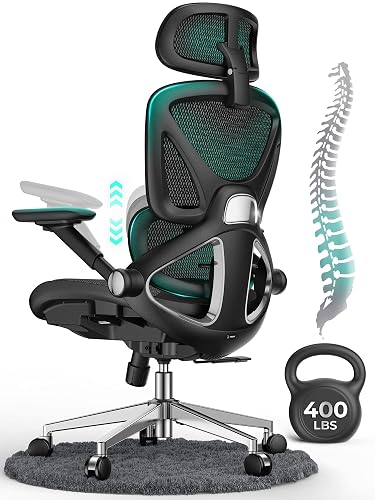CAPOT Ergonomic Mesh Office Chair, Adjustable Lumbar High Back Desk Chair 400lbs, 4D Flip-up Arms, 3-Level Tilt Backrest, 3D Headrest, PU Wheels, Swivel Rolling Computer Chair for Long Desk Work