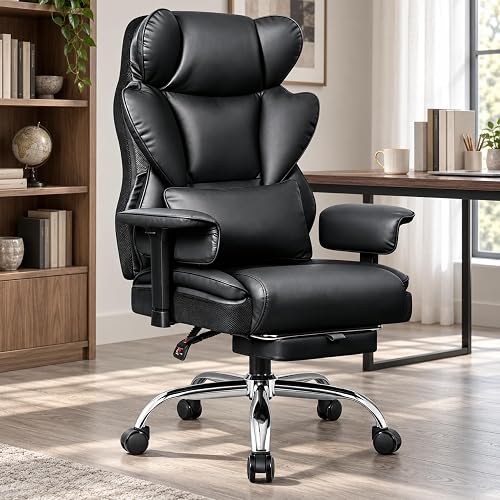 Stella Mia Big and Tall Office Chair 500 lbs, 23.6" Wide Seat,PU Leather | Ergonomic High-Back Chair with 165° Recline and Retractable Footrest, Computer Gaming Chair for Heavy People, Black