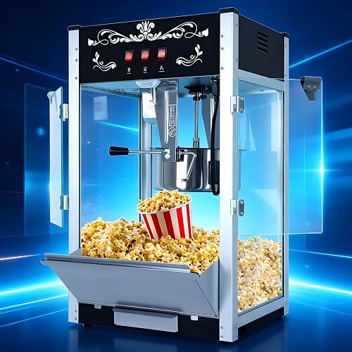 Commercial Popcorn Maker Machine with 30oz Kettle for Theater Countertop | 30oz kettle pops 80 cups per batch, steel frame with tempered glass doors, 3-switch control, warming deck, scoop & spoons
