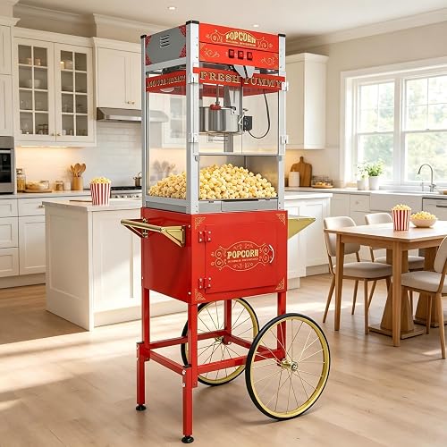 28OZ Commercial Popcorn Machine with Cart - kettle popcorn makers with heating Stainless Steel Kettle 3-Switch Control for Corporate, School, Business, Institutional, Theater, Carnival, Church, Red