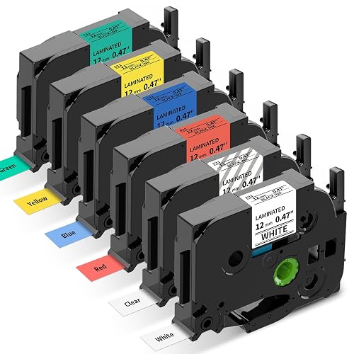 Replacement for Brother P Touch TZe Label Tape 12mm 0.47 Laminated Colored | Label Maker Tape Compatible with Brother PT-D210 PT-D220 PT-H110 PT-D600 PT-D610BT, White/Clear/Red/Blue/Yellow/Green, 6-Pack