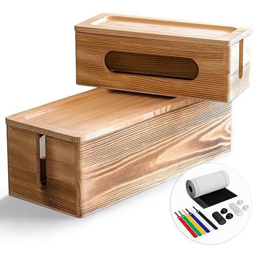 NATURE SUPPLIES Set of 2 Wooden Cable Management Boxes, Large and Medium Cord Organizer to Hide Wires and Power Strips for TV, Desk, Computer, Cable Storage and Organization, Dark Brown