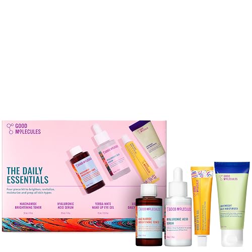 Good Molecules The Daily Essentials Set, 4-Step Skin Care Kit, 4 Minis | Four-step daily routine: Niacinamide Brightening Toner, Hyaluronic Acid Serum, Yerba Mate Eye Gel, and Priming Moisturizer.