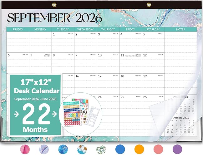 Forvencer 2027 Desk Calendar, Planner Sept 2026 - Jun 2028, 22 Month 17x12" | Large 2027 Wall Calendar, Calendar 2026-2027 Monthly Planner with Plastic Cover for Home School Office, Planning, Blue