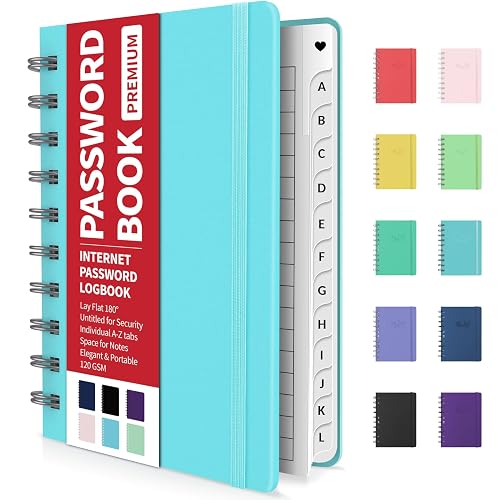 Forvencer Password Book with Individual Alphabetical Tabs, 4" x 5.5" Small | Spiral Password Notebook, Password Keeper Book, Internet Address & Password Manager Record Logbook for Home Office, Sky Blue