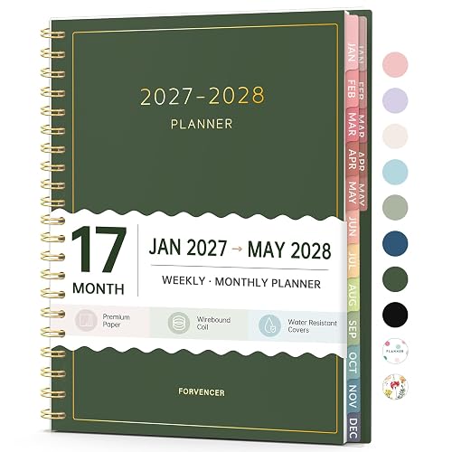 2027 Planner, Forvencer 17 Month Calendar Planner Jan 2027-May 2028, 8.5x11 | Weekly & Monthly Planner, Daily Agenda Book with Tab, Flexible Cover Journal Organizer for Office Home School, A4, Dark Green
