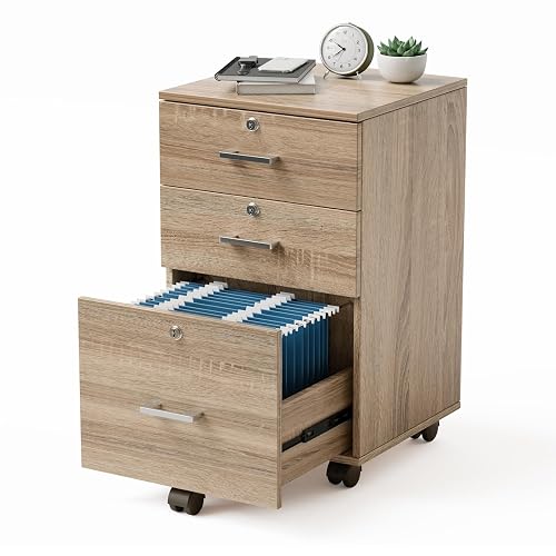 VINGLI 3-Drawer File Cabinet with Lock, Wood Rolling Filing Cabinets for Home Office, Mobile Printer Stand, Under Desk File Organizer for Letter Sized Files, 26" H(Caster Included), Oak