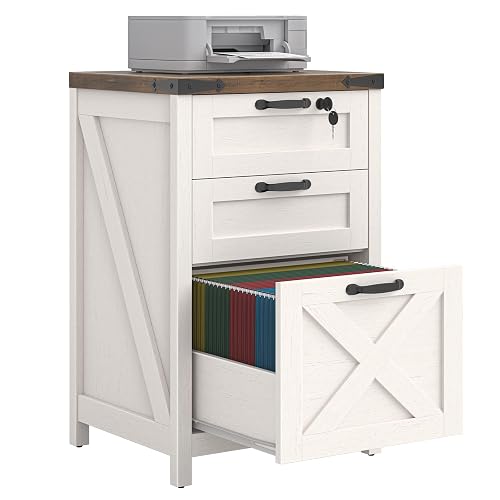 Farmhouse 3 Drawers File Cabinet with Lock for Home Office, Rustic White | Halitaa Vertical Filing Cabinet Fits Letter and A4 Size, Farmhouse Printer Stand, Under Desk Wooden File Cabinet