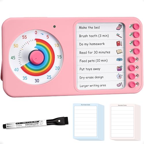 2-in-1 Visual Timer ADHD with Task Board, to-Do List & Checklist | Dry Erase Chore Chart and Visual Schedule for Kids ADHD, Rainbow Countdown Timer for Classroom, Home, Homeschool (Pink)