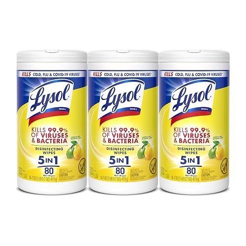 Lysol Disinfecting Wipes, Multi-Surface Cleaner, Lemon, 80 ct. (3 Pack) | All Purpose Cleaner, Sanitizing, Deodorizing, Apartment Essentials, Back To School Cleaning Supplies, Kitchen & Bathroom Wipe