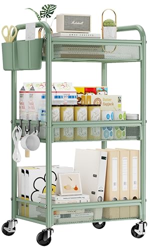 YASONIC 3 Tier Metal Rolling Cart, Green Utility Storage Cart with Wheels | Metal Mesh Craft Cart With Hooks & Hanging Cups, Ideal For Kitchen, Bathroom, Office, Dorm, Art Workspace, Bedside Storage