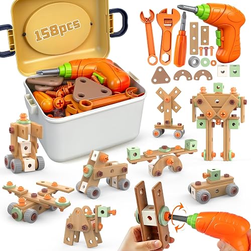YongnKids 158 Pcs Kids Tool Set with Drill for Boys Girls Age 3-8 | Construction STEM Building Blocks with Toolbox Educational Tool Kit Pretend Play Kid Toy for Kids Age 3 4 5 6 Year Gift