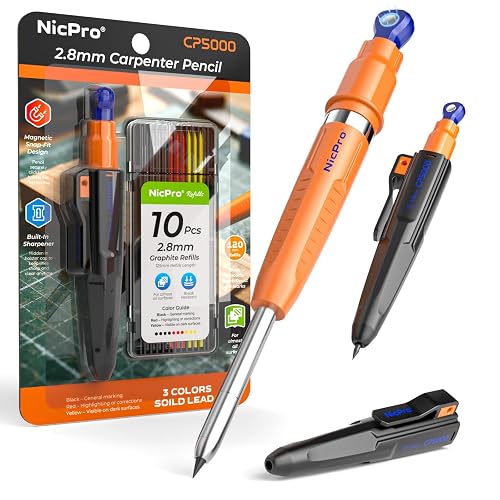 Nicpro 7-in-1 CP5000 Magnetic Carpenter Pencils w/Sharpener, Yellow & Black | 2.8mm Construction Pencil+10 Refill, Deep Hole Marker for Construction, Woodworking Pencil, Carpenter Tools for Marking