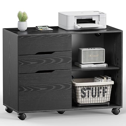 DUMOS 3 Drawer Rolling File Cabinet, Wood Printer Stand with Storage | Lateral Filing Cabinet with Adjustable Shelves and Wheels, Under Desk for Home Office Study Organization, Black
