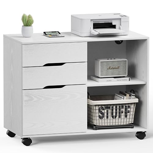 DUMOS 3-Drawer Rolling File Cabinet, Wooden Printer Stand with Storage | Mobile Under Desk Organization with Lockable Wheels and Adjustable Shelf for Home Office Living Room Bedroom, White