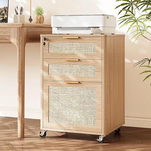 INNOD 3 Drawers Rattan Mobile File Cabinet with Lock, Rolling File Cabinet Printer Stand Table, Under Desk Wooden Filing Cabinets for Home Office Essentials Storage Organization Furniture Letters/A4
