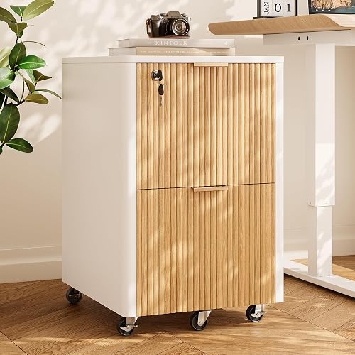 2 Drawers Fluted Mobile File Cabinet with Lock, Rolling File Cabinet Printer Stand Table, Under Desk Wooden Filing Cabinets for Home Office Essentials Storage Organization Furniture Letter/Legal/A4