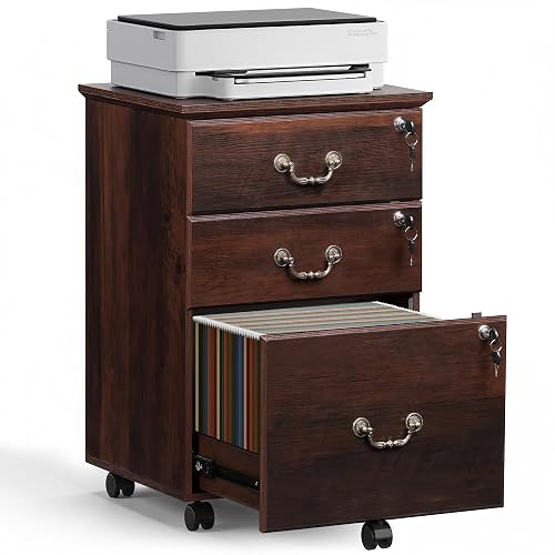 DEVAISE 3 Drawer File Cabinet with Lock, Wood Filing Cabinet, Brown Oak | Mobile Wood File Cabinet for Under Desk Storage, Rolling Printer Stand for Office Storage, Home Office, 360° Lockable Casters