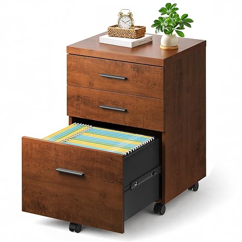 DEVAISE 3 Drawer File Cabinet, Wood Under Desk Filing Cabinet, Walnut | Rolling Printer Stand, Small Storage Cabinet with Wheels, Fits Legal/Letter/A4 Size, Home Office