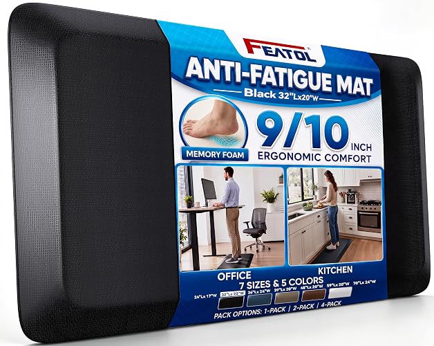 FEATOL Anti Fatigue Mat for Standing, 9/10 Extra Thick Ergonomic Standing Desk Mat, Comfort Memory Foam Standing Mat at Home,Office All Day (20" x 32", Black, 1PC)
