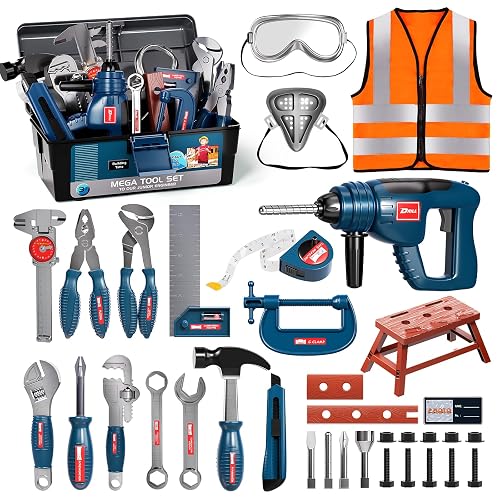 Deejoy Kids Tool Set with Tool Box & Electronic Toy Drill (Blue) | Pretend Play Kids Construction Kits for Kids Ages 3-5 Years Old, Toddler Boy Toys
