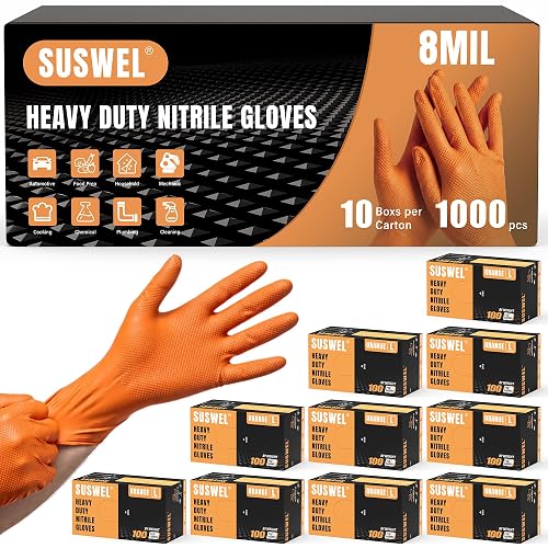 SuSWel HEAVY DUTY 8 Mil Orange Nitrile Gloves, Diamond Textured Disposable Industrial Mechanic Rubber Gloves 1000PCs