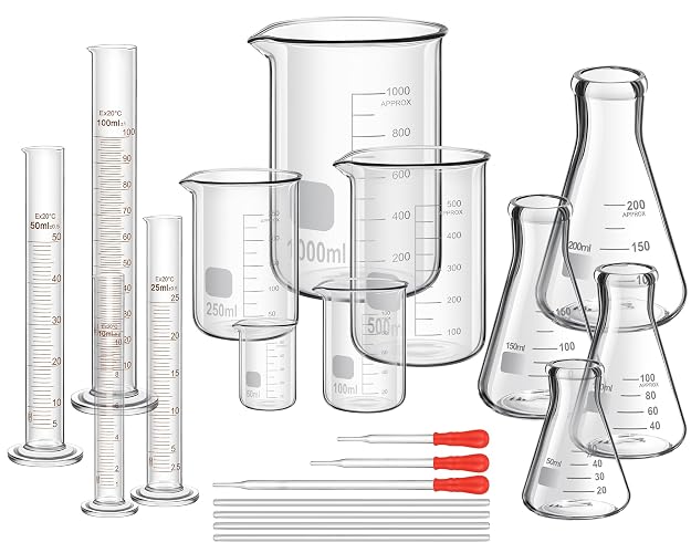 Frienda 20 Pcs 50/100/250/500/1000ml Lab Glassware Beaker Set | 3.3 Boro, Laboratory Equipment, Glass Measuring Beaker, Graduated Measuring Cylinder with Stirring Rod for Chemistry Supplies