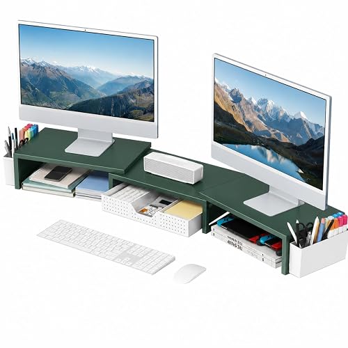 OPNICE Desk Organizers and Accessories, Dual Monitor Stand Riser | with Drawer and 2 Pen Holders, Desk Shelf Computer Racks for Office Workspace Organizers, Desktop Organization (Green)