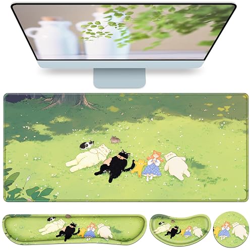 Desk Mat, Large Gaming Mouse Pad with Wrist Rest, 4in1 XXL Mousepad+Keyboard Wrist Rest+Mouse Pad Wrist Support+Cup Coaster Set Ergonomic Computer Desk Arm Wrist for Decor Home Office Women
