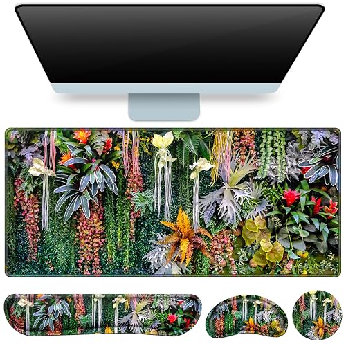 Desk Mat Floral, Large Gaming Mouse Pad with Wrist Rest 4in1 XXL | Mousepad+Keyboard Wrist Rest+Mouse Pad Wrist Support+Cup Coaster Set Ergonomic Computer Desk Arm Wrist for Decor Office Women