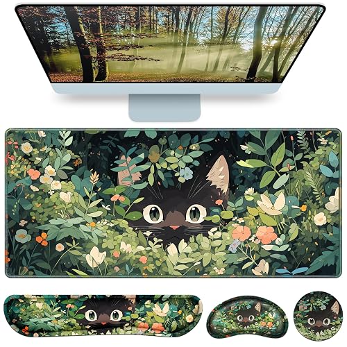 Mouse Pad Anime Mouse Pad with Wrist Rest | 4-in-1 XXL Large Desk Mat Kawaii Mousepad with Gel Wrist Support Keyboard Wrists Rest Coaster, Ergonomic Gaming Cat Desk Pad