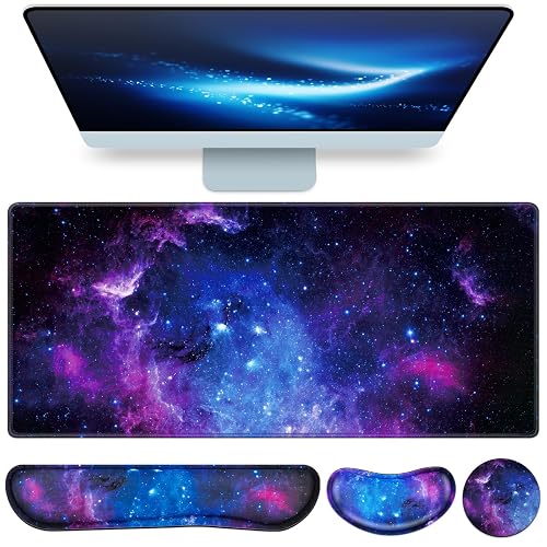 Mouse Pad Galaxy with Wrist Rest, 4-in-1 Large Mousepad Keyboard | Wrist Rest+Mouse Pad Wrist Support+Cup Pad Set,Ergonomic Mouse Pad,Memory Foam Desk Mat for Office Gaming(35.4×15.7in)