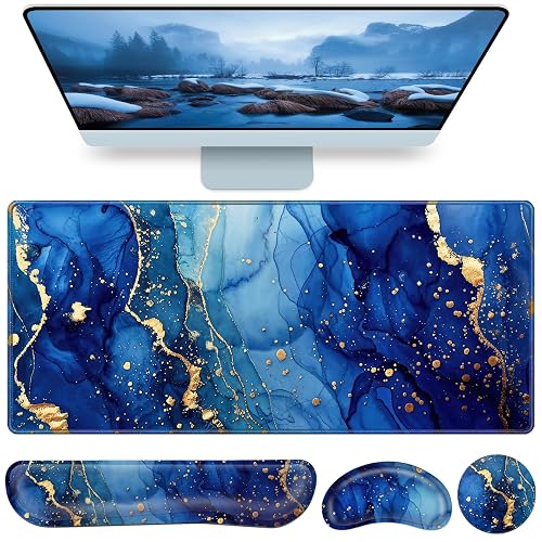 Desk Mat Blue, Large Gaming Mouse Pad with Wrist Rest, 4in1 XXL | Mousepad+Keyboard Wrist Rest+Mouse Pad Wrist Support+Cup Coaster Set Ergonomic Computer Desk Arm Wrist for Decor Office Women