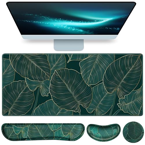 Desk Mat, Large Gaming Mouse Pad with Wrist Rest, 4 in1 | XXL Mousepad Keyboard Wrist Rest Mouse Pad Wrist Support Cup Coaster Set Ergonomic for Computer Desk Decor Office Women