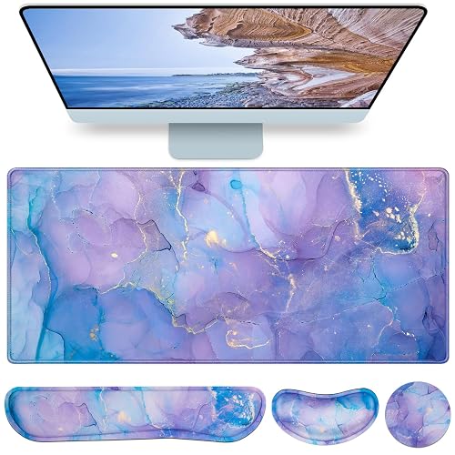 4-in-1 Mouse Pad with Wrist Rest Purple,35.4×15.7in Large Gaming Mouse Pad | Keyboard Wrist Rest+wrist Mousepad+Cup Pad,Ergonomic Mouse Pads,Anti-Slip,Waterproof Keyboard Pad for Home Office