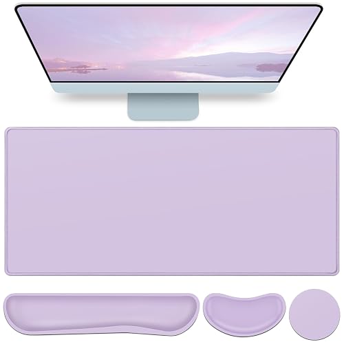 Desk Mat Purple, Large Gaming Mouse Pad with Wrist Rest, 4in1 XXL | Mousepad+Keyboard Wrist Rest+Mouse Pad Wrist Support+Cup Coaster Set Ergonomic Computer Desk Arm Wrist for Decor Office Women