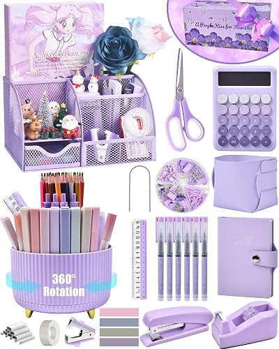 LXEVIHK Purple Desk Accessories 21-Piece Office Supplies Gift Set for Women | Desk organizers and accessories, office desk accessories, purple office supplies, desk organizer & more in a gift-ready box