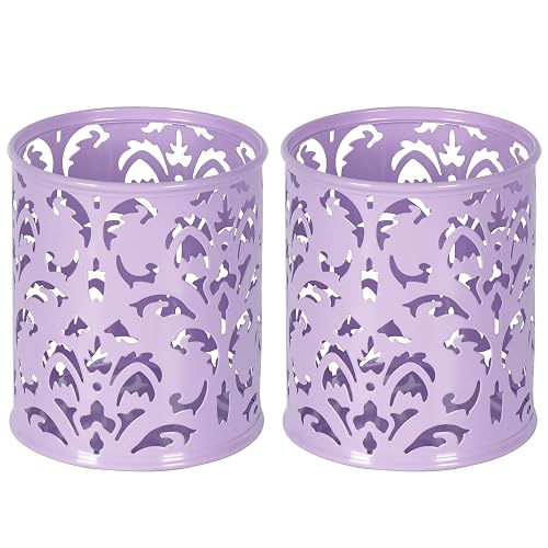 EasyPAG Purple Pen Holder for Desk, 2 Pack Round Pen Organizer, Brush Holder for Vanity, Metal Pencil Cup Organizer for Home, Office, Classroom, School