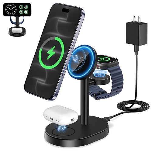 Mag-Safe Charger 3 in 1 Charging Station for iPhone Apple Watch AirPods | 15W Fast Magnetic Wireless Charger Stand for iPhone 18 Pro Max Duo 17 16 15 14 13 12 iWatch AirPods, Premium, Indicator Black