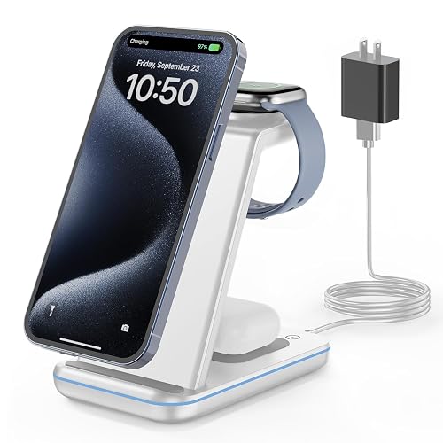 GEEKERA Wireless Charger, 3 in 1 Wireless Charging Station for iPhone Air/17/16/15/14/13/12/11/Pro Max/X/8, Phone and Watch Charger Stand for Apple Watch Ultra 3-2/11-2/SE, AirPods Pro/4/3/2, Silver