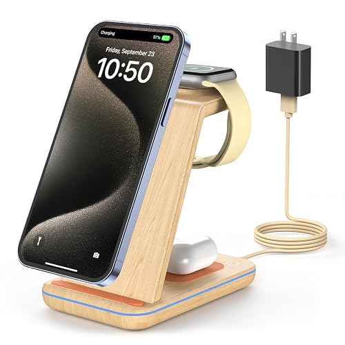 GEEKERA 3-in-1 Wireless Charging Station for iPhone, Watch & AirPods | Wireless Charger Stand for iPhone 8-17, Apple Watch 2-11, AirPods Pro/4/3/2, Charging Dock for Office or Nightstand.