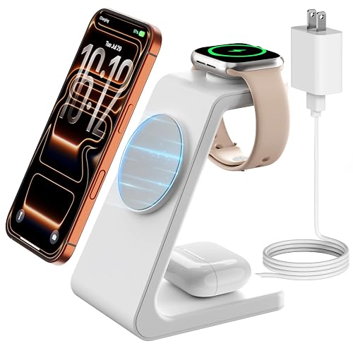 Magsafe Wireless Charging Station for iPhone: Certified 15W Fast Charging Station, 3 in 1 Magnetic Charger Stand for iPhone 17/16/15/14/13/12 Series, Apple Watch, AirPods 4/3/Pro
