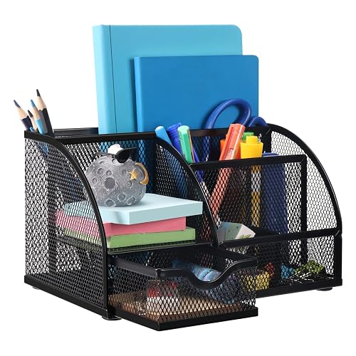Comix Mesh Pen Pencil Holder Desk Organizer, 7 Compartment Wire Desktop Pen Pencil Cup Caddy Office Supplies for Home Office School, Black
