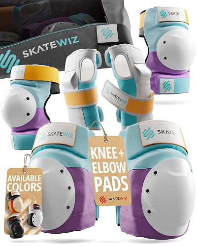 SKATEWIZ Bike Knee Pads - Skateboard Safety Gear - Shield - Size M/L Lavender Blue - Skate & Skateboarding Wrist Guards for Skating Adult with Elbow Pads - Roller Skates, Inline Skates