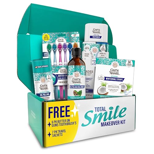 GuruNanda Total Smile Makeover Oral Care Kit, Teeth Whitening Kit(Regular) | Cocomint Oil Pulling Mouthwash|Dual Barrel Whitening Mouthwash|Teeth Whitening Strips|Butter on Gums Toothbrushes