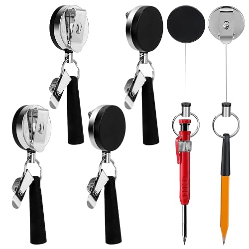 4 Pack 35 in Steel Wire Heavy Duty Retractable Pen and Pencil Holder | Flexible silicone grip and metal spring clip hold carpenter pencils, pens and markers; rear clip attaches to belts or pockets